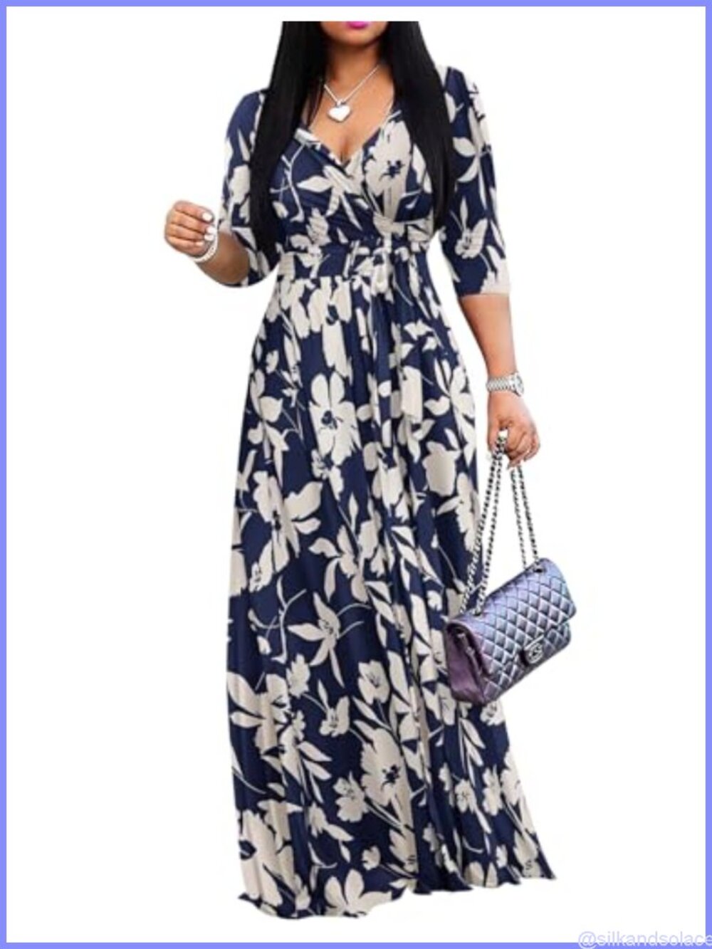 Plus Size Maxi Dress Wrap V Neck 3/4 Sleeve with Pockets